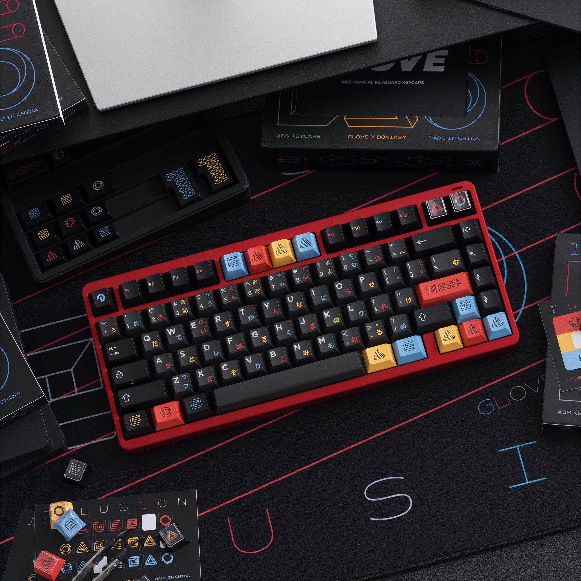Glove x DMK Illusion ABS keycaps Cherry profile top view with red keyboard